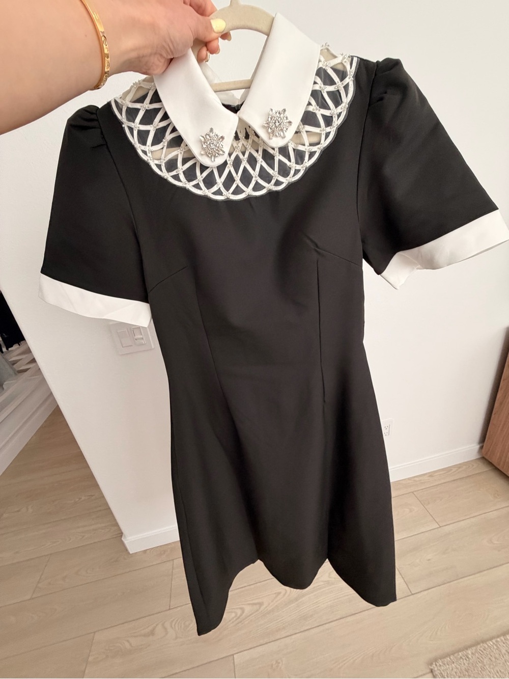 Black Midi Dress with Decorative White Collar
